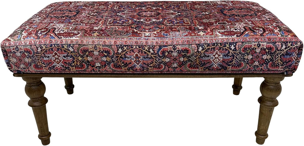 Boho Red Heriz Rug Upholstered Ottoman Bench, Piano Bench, Decorative Farmhouse Bench, Wood Bench, Entryway Footstool Ottoman Bench, Kitchen Dining Bench (18x18X36, Red Heriz)