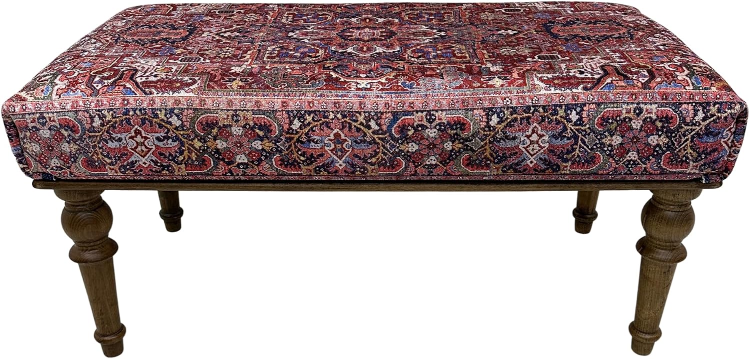 Boho Red Heriz Rug Upholstered Ottoman Bench, Piano Bench, Decorative Farmhouse Bench, Wood Bench, Entryway Footstool Ottoman Bench, Kitchen Dining Bench (18x18X36, Red Heriz)