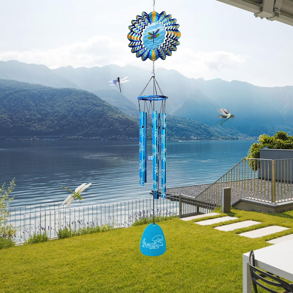 33" Memorial Wind Chimes Outdoor | Deep Tone with Animated Dragonfly Spinner, Rustproof Garden Decor for Patio/Lawn, Sympathy Gift for Mom/Dad/Unisex