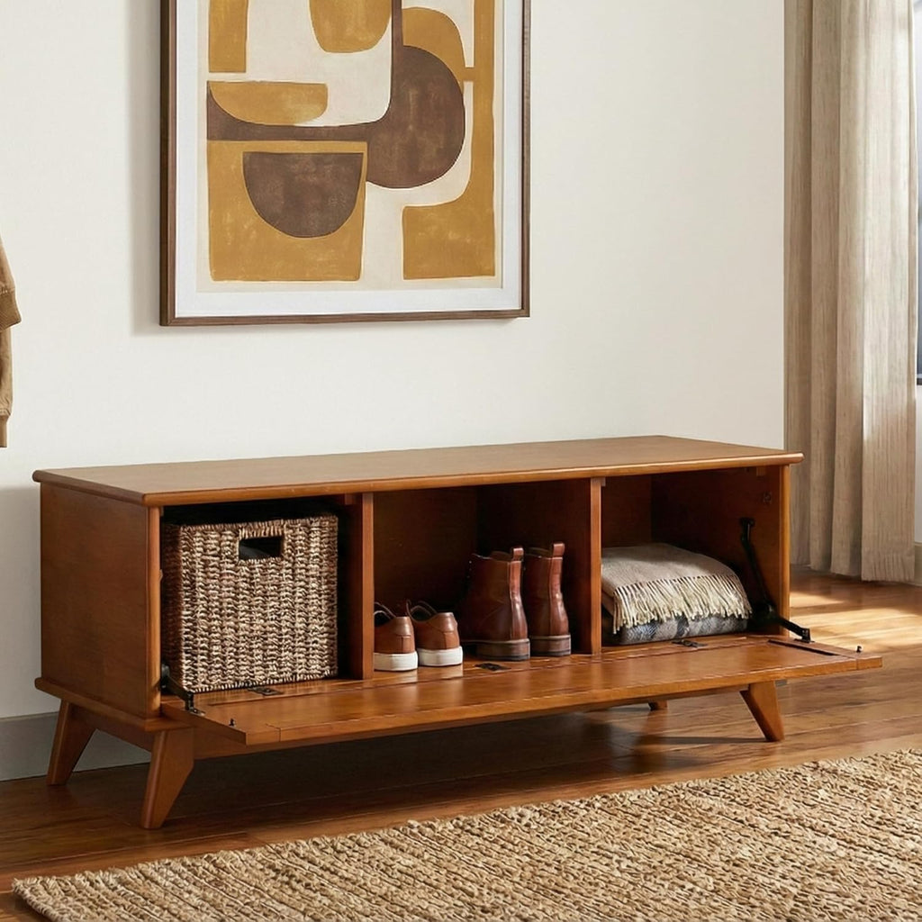 SIMPLIHOME Draper Storage Bench - 44 inch Wide Solid Wood Entryway Bench in Teak Brown, Mid Century Hallway Bench for Living Room with Flip-Down Door and 3 Cubbies