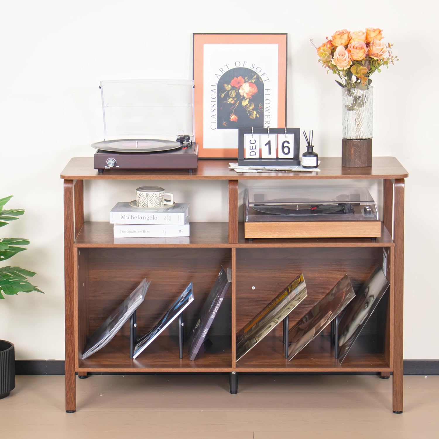 Mxtxmy Large Record Player Stand,with Open Storage Holds up to 300 Albums | Mid Century Turntable Stand Table,Vinyl Record Storage Display Shelf for Living Room Bedroom,Walnut