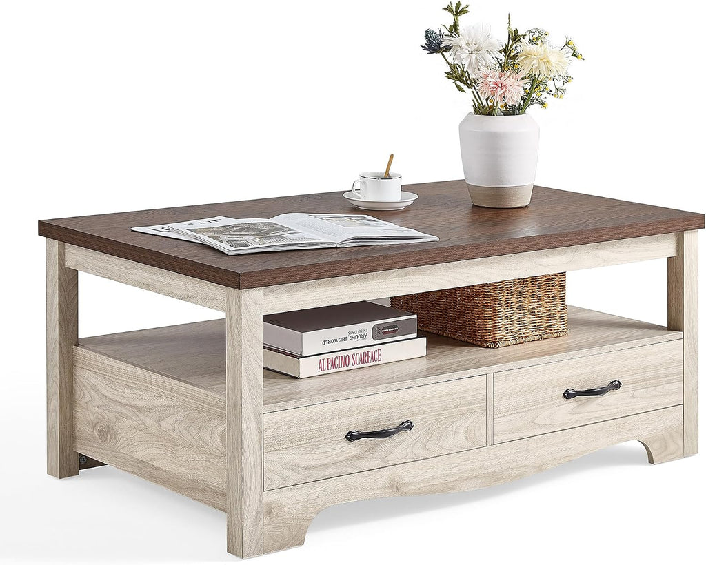 LINSY HOME Farmhouse Coffee Table with Storage, Wood Coffee Table for Living Room, Open Display Area and Storage Drawers with Metal Handles, Chic Style with Curved Base. Oak and Brown