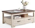 LINSY HOME Farmhouse Coffee Table with Storage, Wood Coffee Table for Living Room, Open Display Area and Storage Drawers with Metal Handles, Chic Style with Curved Base. Oak and Brown