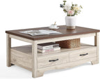 LINSY HOME Farmhouse Coffee Table with Storage, Wood Coffee Table for Living Room, Open Display Area and Storage Drawers with Metal Handles, Chic Style with Curved Base. Oak and Brown