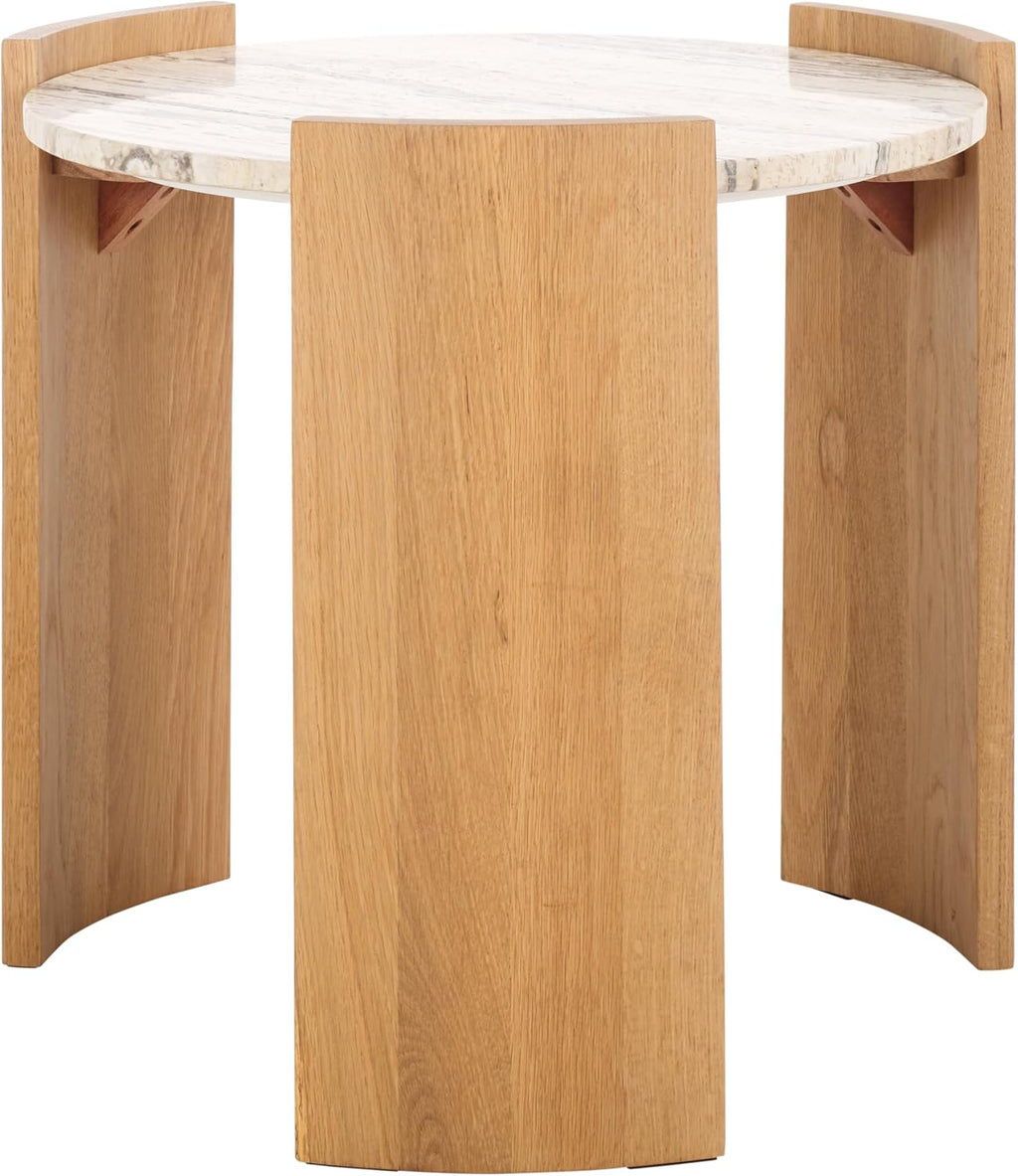 SAFAVIEH Couture Collection - Damarcus Travertine & Solid Wood Accent Table, Round Top, Classic Sculptural Design (SFV9705A)