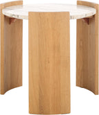 SAFAVIEH Couture Collection - Damarcus Travertine & Solid Wood Accent Table, Round Top, Classic Sculptural Design (SFV9705A)