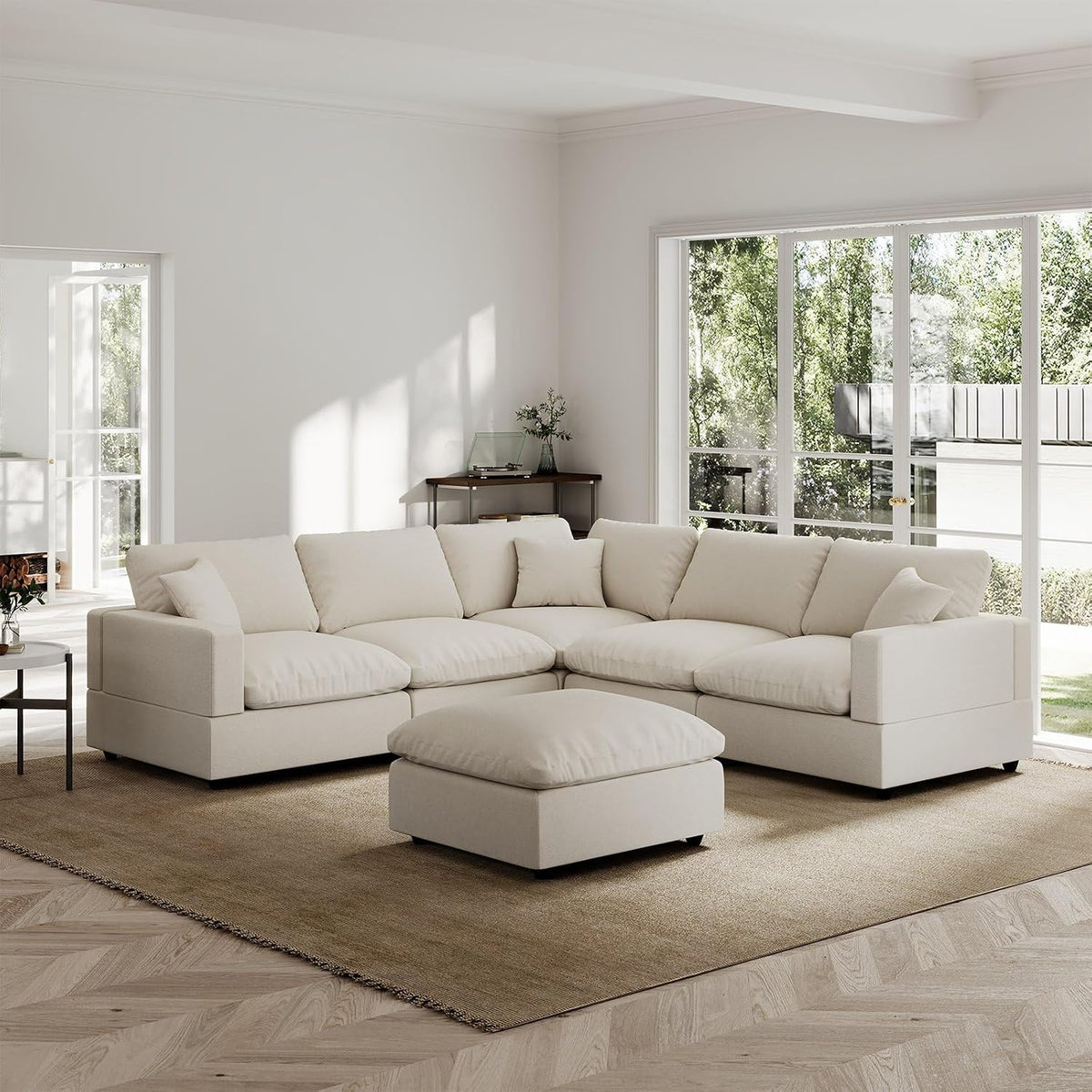 Modern Sectional Linen Couch for Living Room V Shape Sofas,5 Seat with Ottoman Modular Cloud Sofas with Ottoman,Couches Cushion Covers Removable,Cozy Feather Down Sofa for Apartment Khaki