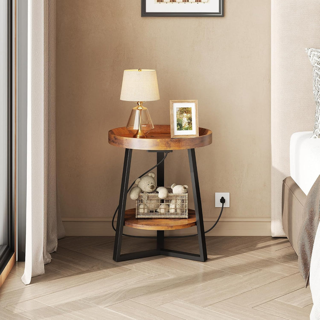 WLIVE Small Round Side Table with Charging Station, Round Coffee Table, 2 Tier End Table for Living Room/Bedroom, Sofa Couch, Easy to Assemble, Wood Tabletop & Metal Frame, Rustic Brown