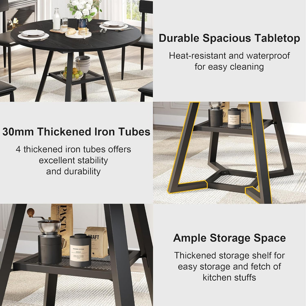knoworld 47" Round Dining Table for 4, Kitchen Tables Dining Room Circle Dinner Table with Pedestal Metal Frame, Space Saving Wood Industrial Kitchen & Dining Room Tables, Black 47In