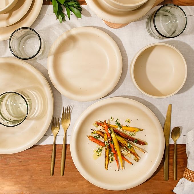Bloomhouse Corsica Clay 12 Piece Stoneware Rustic Reactive Glaze Dinnerware Set - Stackable Plates and Bowls Set. Service for 4 - Matte Finish Cappuccino Cream
