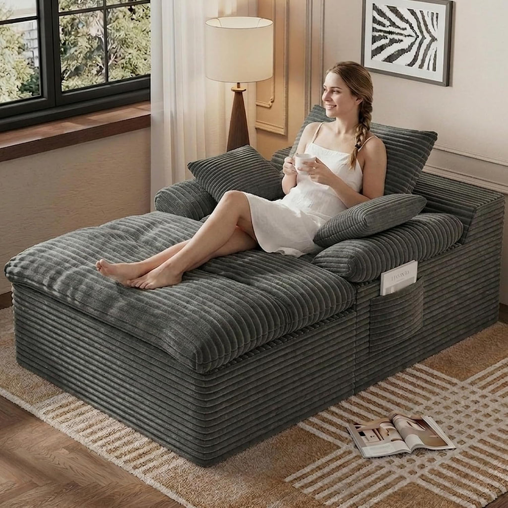 65" Chaise Lounge Chair Indoor, Oversized Chaise Lounge | No assembly | side pockets| Corduroy fabric | extra deep seat | double cushion | for living room bedroom apartment | Dark Grey