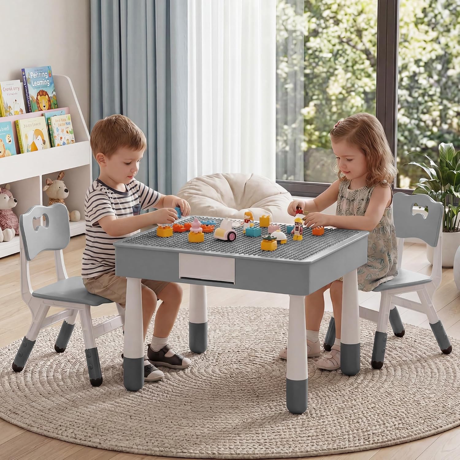 4-in-1 Kids Activity Table & Chair Set,Double-Sided Reversible Tabletop with Building Block Base & Graffiti Drawing Board,2 Adjustable Toddler Chairs,Multi-Purpose Activity Desk for Reading,Drawing
