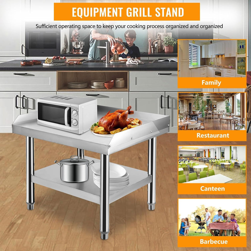 Stainless Steel 24x24x24 Inch Equipment Grill Stand Table, 660 Lbs Top & Bottom Shelf, Adjustable Legs, 2" Edge Baffle, for Hotel, Home, Commercial Restaurant Kitchen