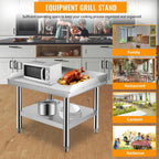 Stainless Steel 24x24x24 Inch Equipment Grill Stand Table, 660 Lbs Top & Bottom Shelf, Adjustable Legs, 2" Edge Baffle, for Hotel, Home, Commercial Restaurant Kitchen