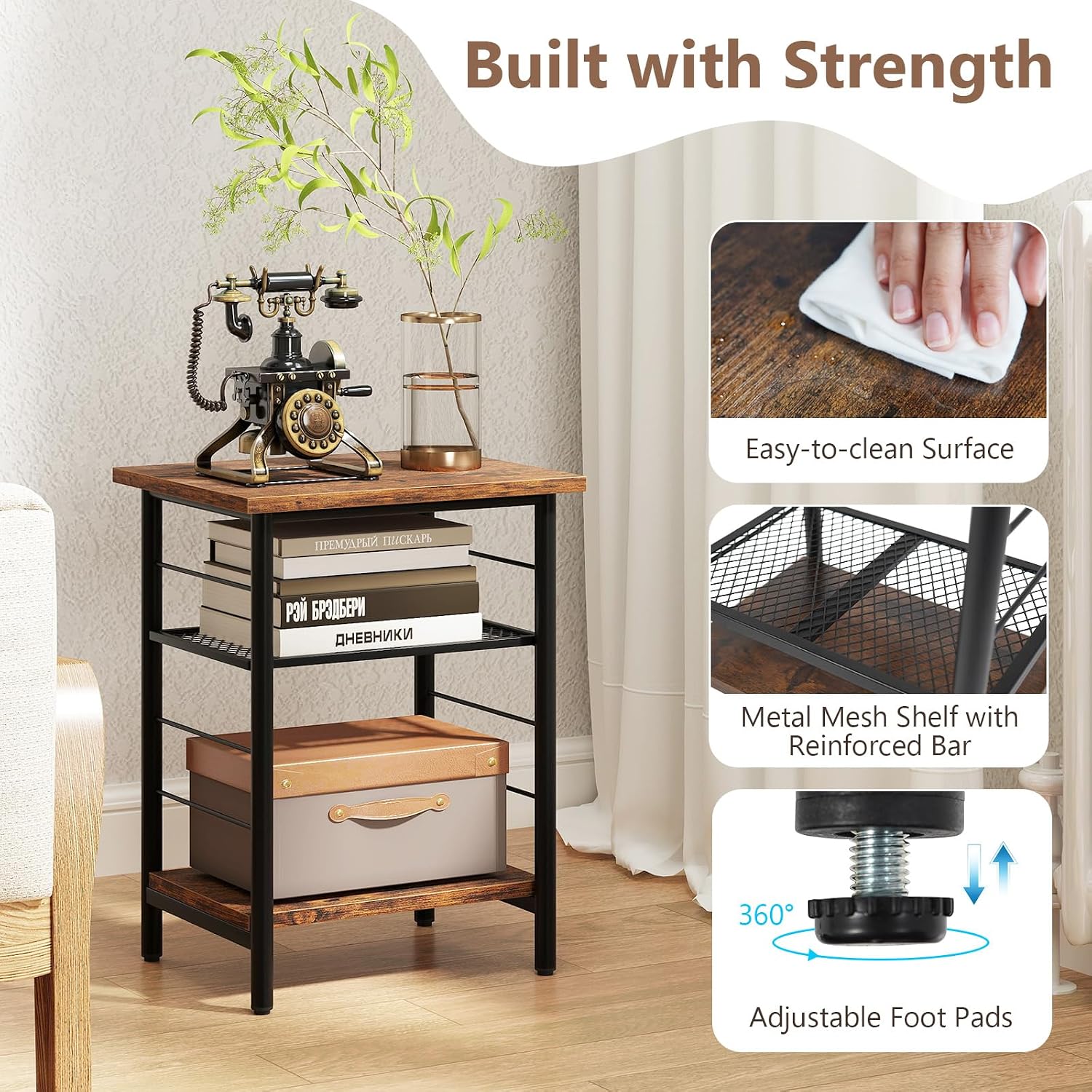 Giantex 3-Tier Side Table with Adjustable Mesh Shelf, Industrial Nightstand, Small End Table Stand for Living Room, Bedroom, Office, 12" D x 15" W x 20" H