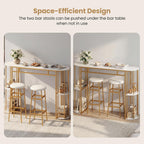 COSTWAY Bar Table Set for 2 with Storage Shelves, 60" Dining Table & 2 Upholstered Barstools with Faux Marble Tabletop, 3-Piece Bar Height Dining Set for Kitchen, Small Space (Golden & White)