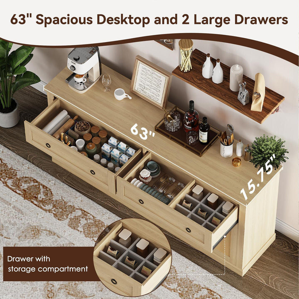63'' Sideboard Buffet Cabinet with Storage, Modern Storage Cabinet with Outlets & LED Light, 2 Drawers and 4 Doors, Adjustable Shelves, Coffee Bar Cabinets for Kitchen Living Room, Wood