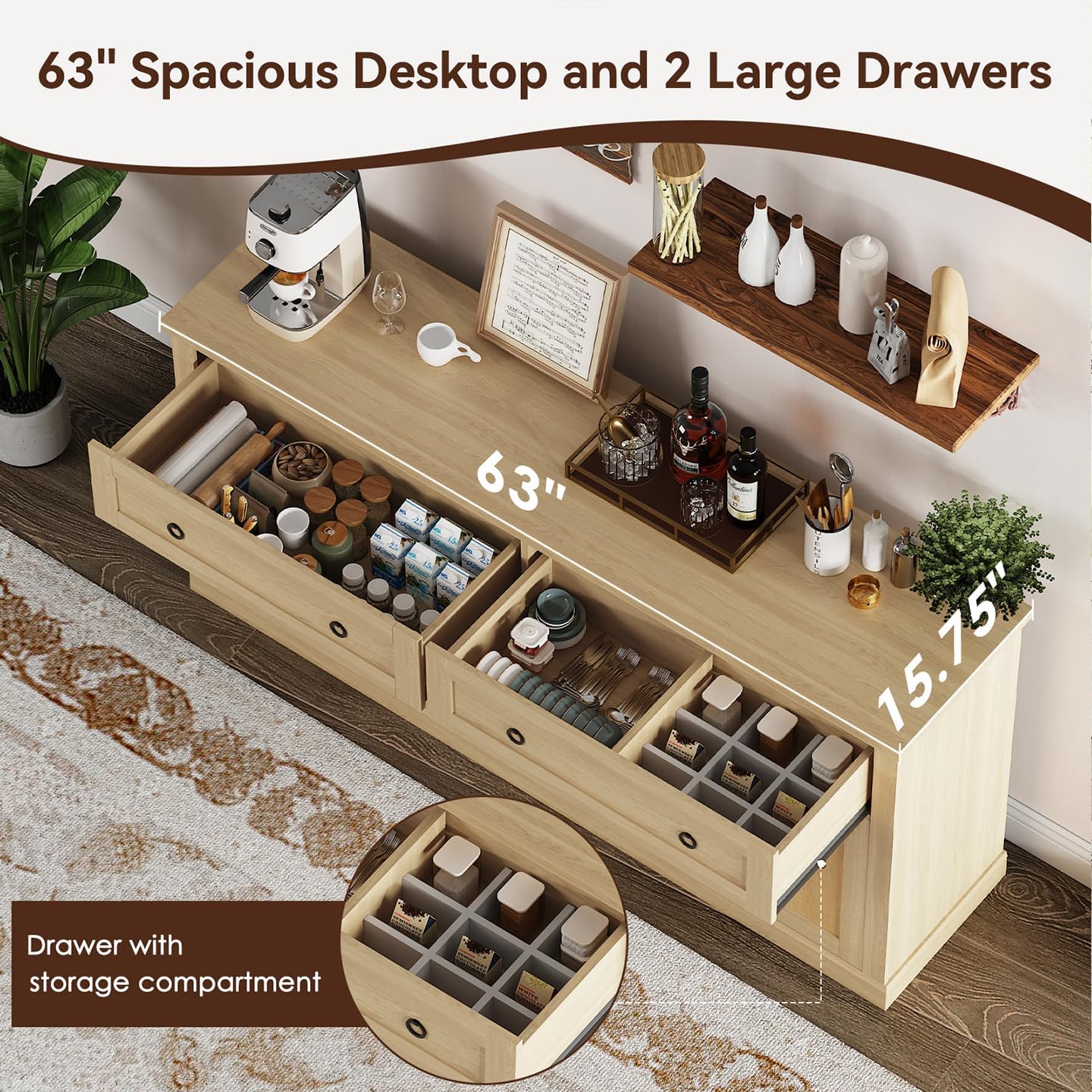 63'' Sideboard Buffet Cabinet with Storage, Modern Storage Cabinet with Outlets & LED Light, 2 Drawers and 4 Doors, Adjustable Shelves, Coffee Bar Cabinets for Kitchen Living Room, Wood