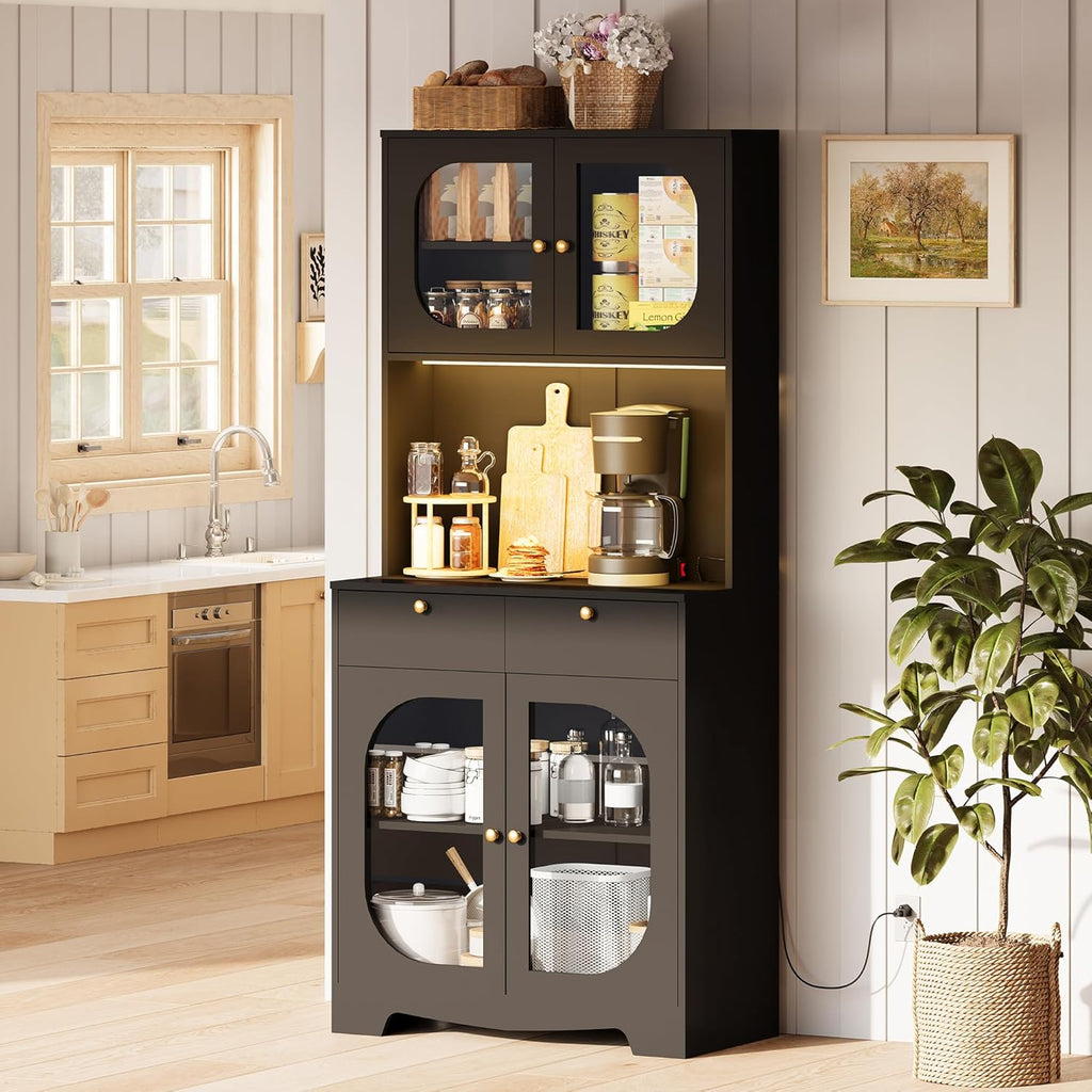 72" Black Kitchen Pantry Cabinet with Lights and Charging Station, Tall Hutch Storage Cabinet Coffee Bar Cabinet with Microwave Shelf for Dining Room
