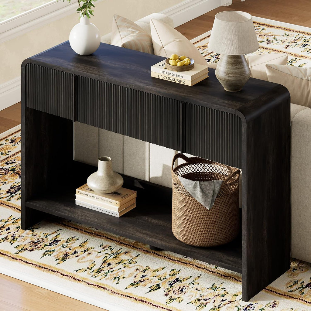 AMERLIFE 45" Fluted Entryway Console Table with 2 Drawers and Open Shelf | Modern Entryway Table with Rounded Edges, Wood Sofa Table for Hallway, Foyer, Behind Couch, Living Room, Black