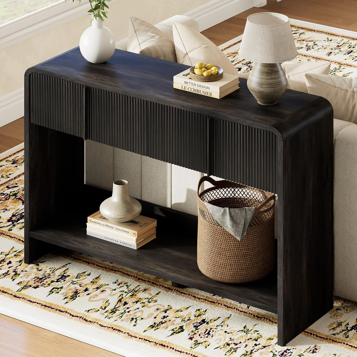 AMERLIFE 45" Fluted Entryway Console Table with 2 Drawers and Open Shelf | Modern Entryway Table with Rounded Edges, Wood Sofa Table for Hallway, Foyer, Behind Couch, Living Room, Black