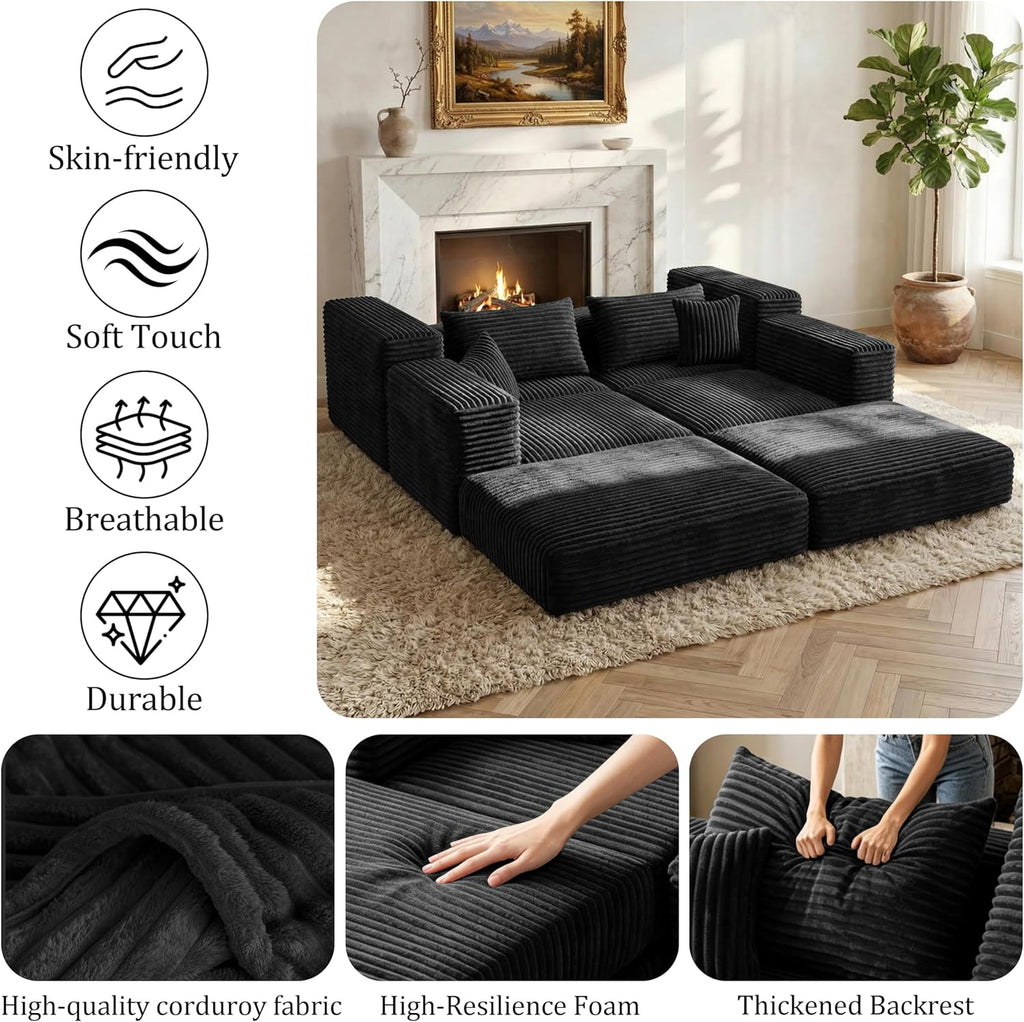 Cloud Modular Sectional Sofa, Comfy Couch with Non Slip Base, Modern L-Shaped Couch with Chaise, Customizable Sleeper Sofa for Living Spaces, No Assembly & Deep Seat (Black)