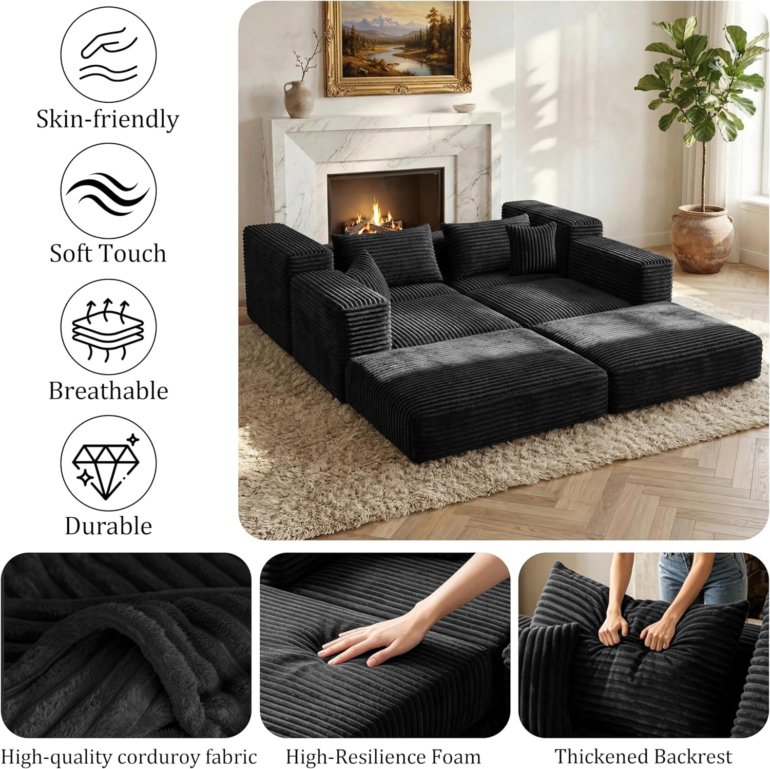 Cloud Modular Sectional Sofa, Comfy Couch with Non Slip Base, Modern L-Shaped Couch with Chaise, Customizable Sleeper Sofa for Living Spaces, No Assembly & Deep Seat (Black)