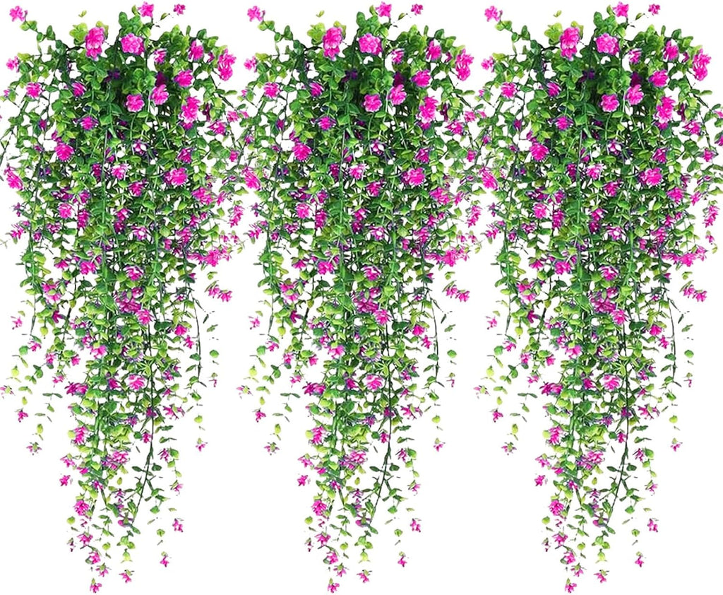 Artificial Hanging Flowers, 3 Pcs Fake Hanging Plants Artificial Vines for Outdoors, Fake Ivy Vine UV Resistant No Fade Faux Plants for Indoor Outside Garden Patio Yard Greenery Decoration (Red)