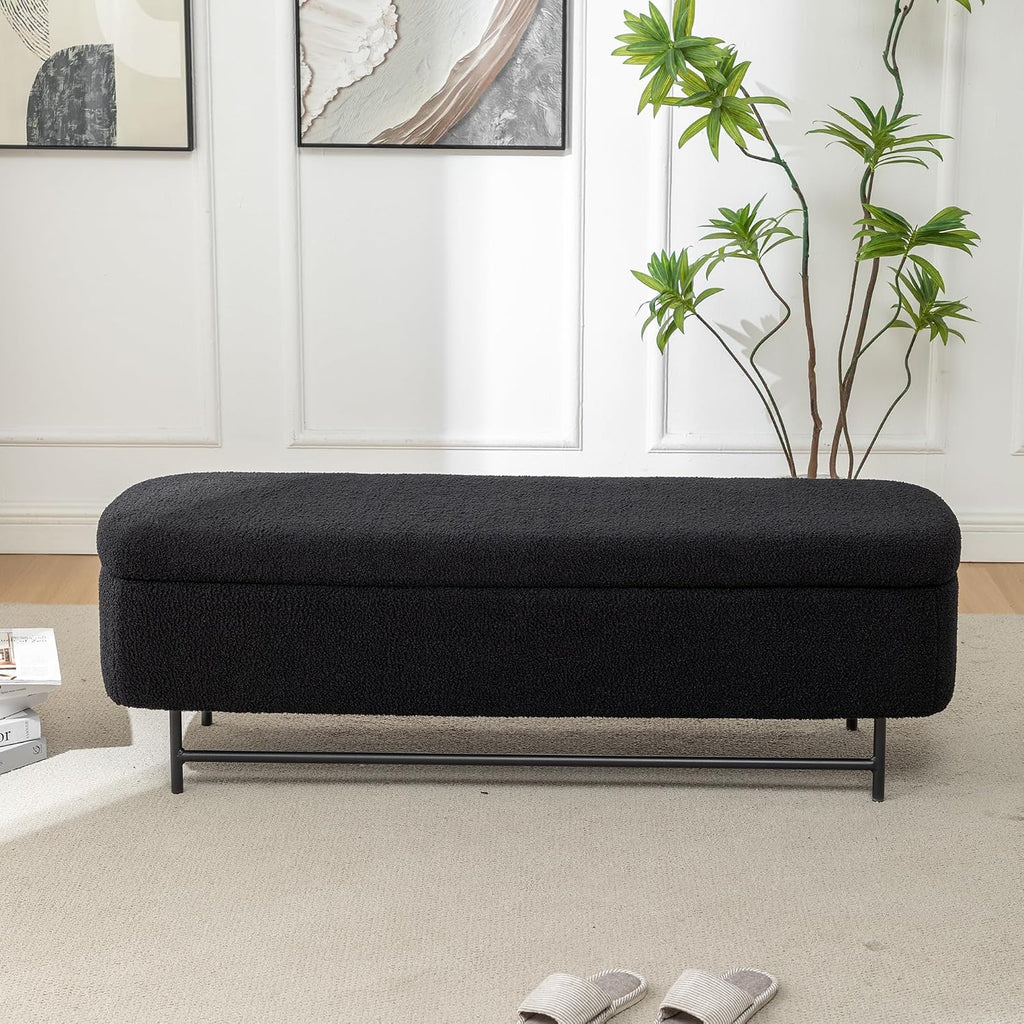56" Boucle Storage Bench for Bedroom, Upholstered Teddy Ottoman Bench, Modern Extra Long Storage Bench for End of Bed/Entryway/Livingroom/Window (Black)