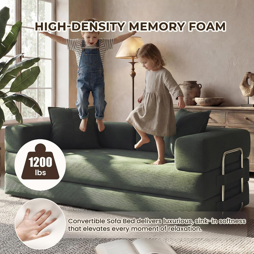 GRUSIGN 78 Inch Convertible Sofa Bed, 5-in-1 Futon Sofa Bed Pull Out Couch, Couch Bed for Living Room, Corduroy Couches for Bedroom, Apartment, No Assembly Sleeper Sofa Bed, Green
