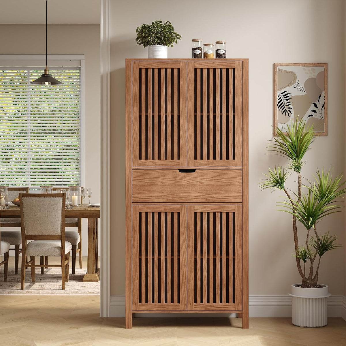 BVIUNTWO Farmhouse Wooden Kitchen Pantry Storage Cabinet, Tall Storage Cupboard with Slatted Doors & Drawer, 68.8" Freestanding Cabinet for Kitchen, Dining Room, Living Room, Brown