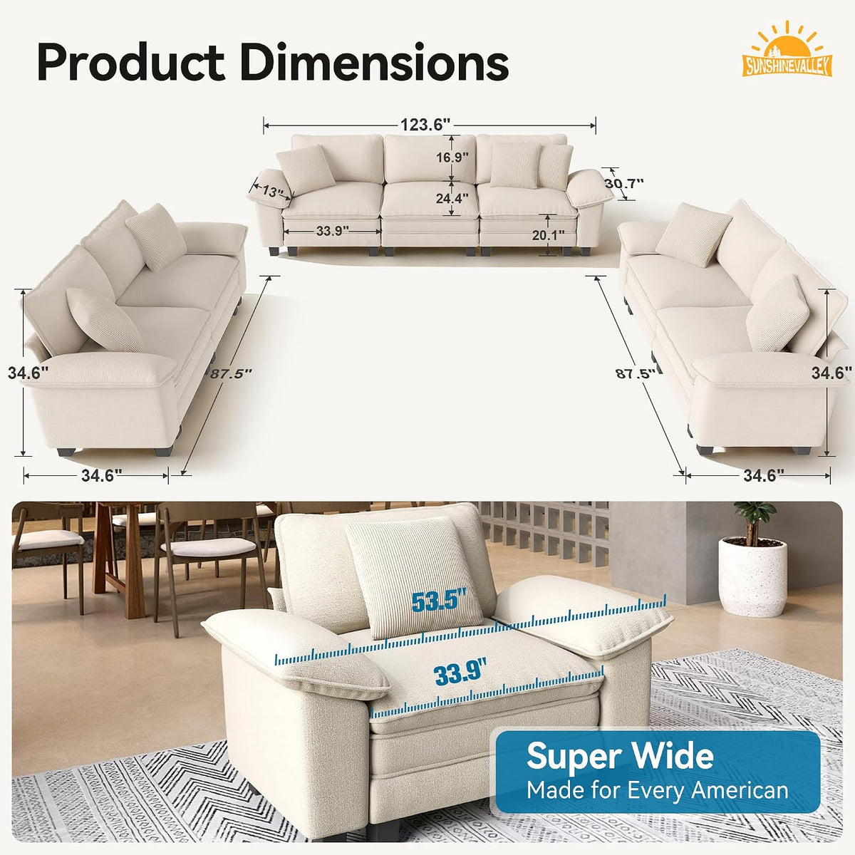 SUNSHINE VALLEY 3-Piece Modular Sectional Cloud Couch and Loveseat Sofa Set | Modern 7-Seater Sofa Set, White, Wider Armrest, Comfy Deep Seat, Soft Chenille Furniture Set for Living Room Bedroom