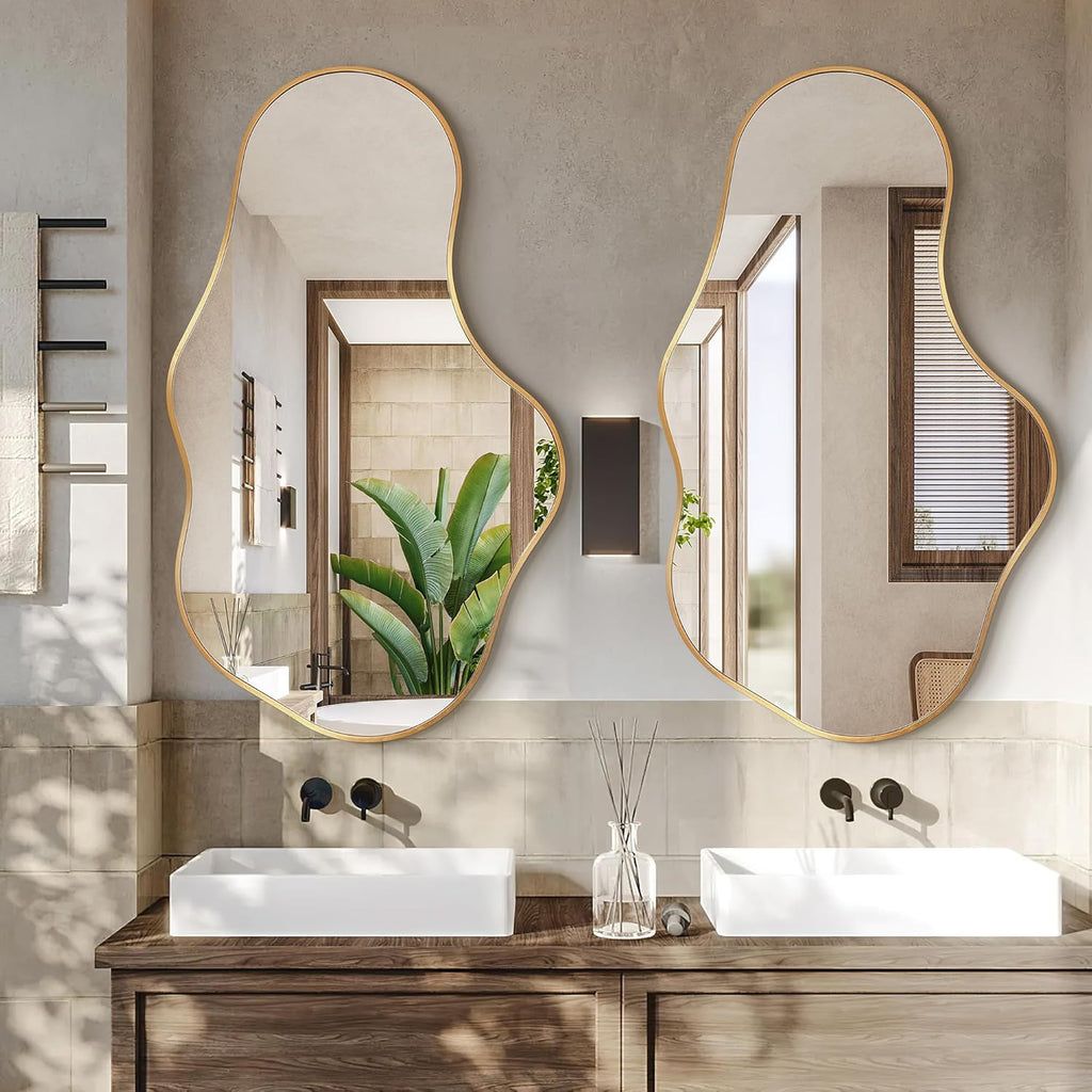 Bathroom Mirror for Over Sink-Gold Room Decor Wall Mirror 22"x 36" | Irregular Wall Mirror - Asymmetrical Abstract Mirror Unique for Bedroom, Living Room, Cloakroom, Entryway