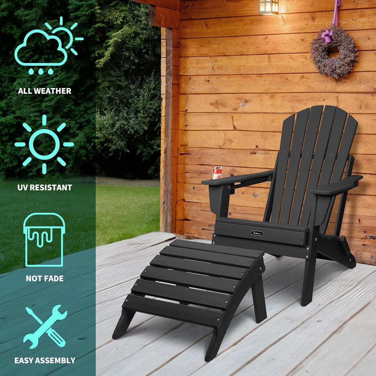 FUNBERRY Folding Adirondack Ottoman Set of 2, HDPE All Weather Outdoor Foot Rest, Easy Storage Patio Footstool, Ottomans and Footstools for Outside