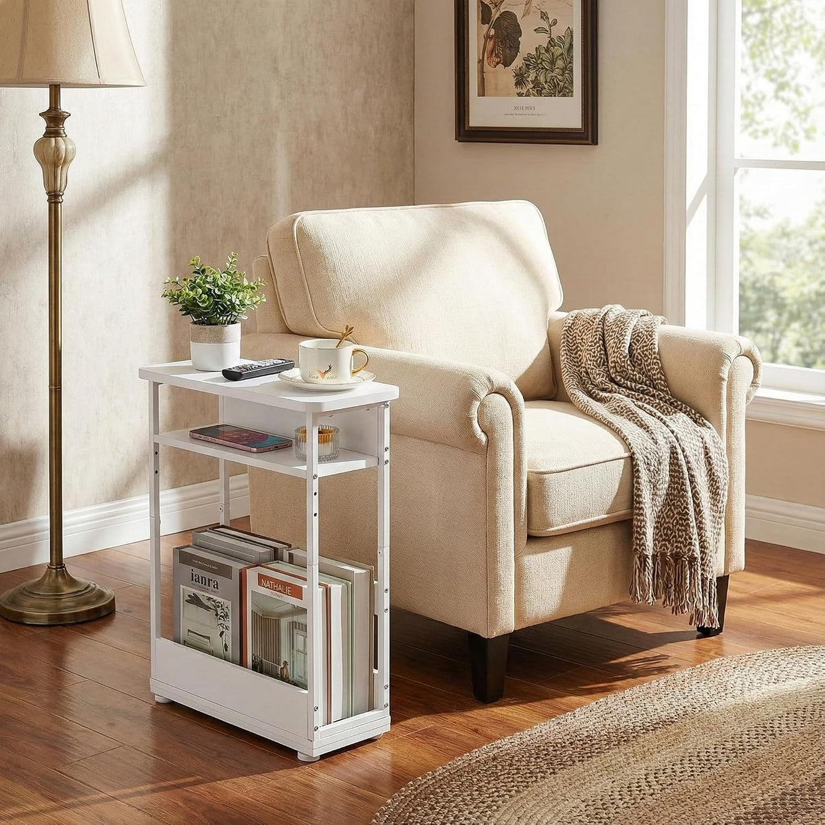 Narrow Side Table,3-Tier Slim End Table with Storage Shelf,Modern Sofa Table Thin Side Table for Narrow and Small Spaces, Skinny Bedside Table Small Nightstand with Magazine Rack Space Saving/White