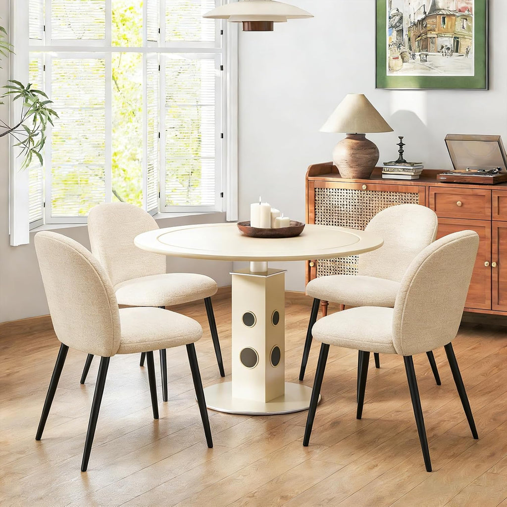 Upholstered Dining Chairs Set of 4, Modern Kitchen Side Chair with Padded Seat Comfortable Chenille Fabric Study Black Matel Legs,Desk Chair with Back for Dining Rooms, Beige