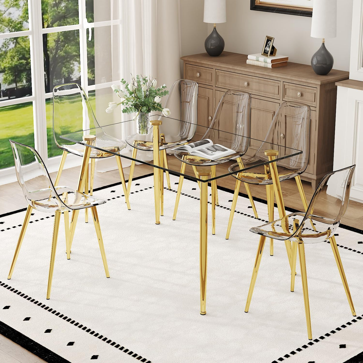 Ebullient Glass Dining Table Set for 6, 51" Clear Tempered Glass Table with Gold Chrome Metal Legs and 6 Transparent Acrylic Chairs, Compact Modern Kitchen Table Set for Small Space Dining Room