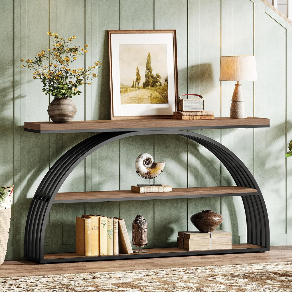 Tribesigns 63-Inch Console Table for Entryway, Farmhouse Entryway Table with Arched Frame, 3-Tier Industrial Sofa Console Behind The Couch for Living Room, Foyer, Hallway, Rustic Brown & Black