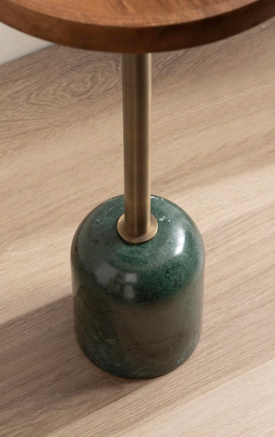 Kate and Laurel Shorrock Round Mango Wood Side Table, 12 x 12 x 24, Walnut Brown, Brass, and Green Marble, Modern Pedestal End Table with Marble Base for Bedroom Nightstand or Living Room Plant Stand