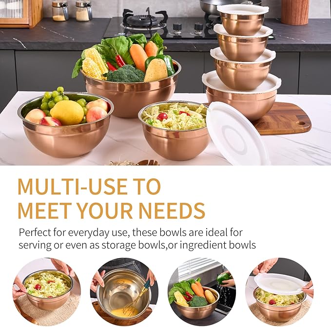 Rose Gold Mixing Bowls with Airtight Lids, Stainless Steel Nesting Mixing Bowls Set of 7, Ideal for Baking, Prepping and Serving Food, Size 7, 3.6, 2.7, 2.1, 1.5, 1.1,0.8 QT, Stackable Design