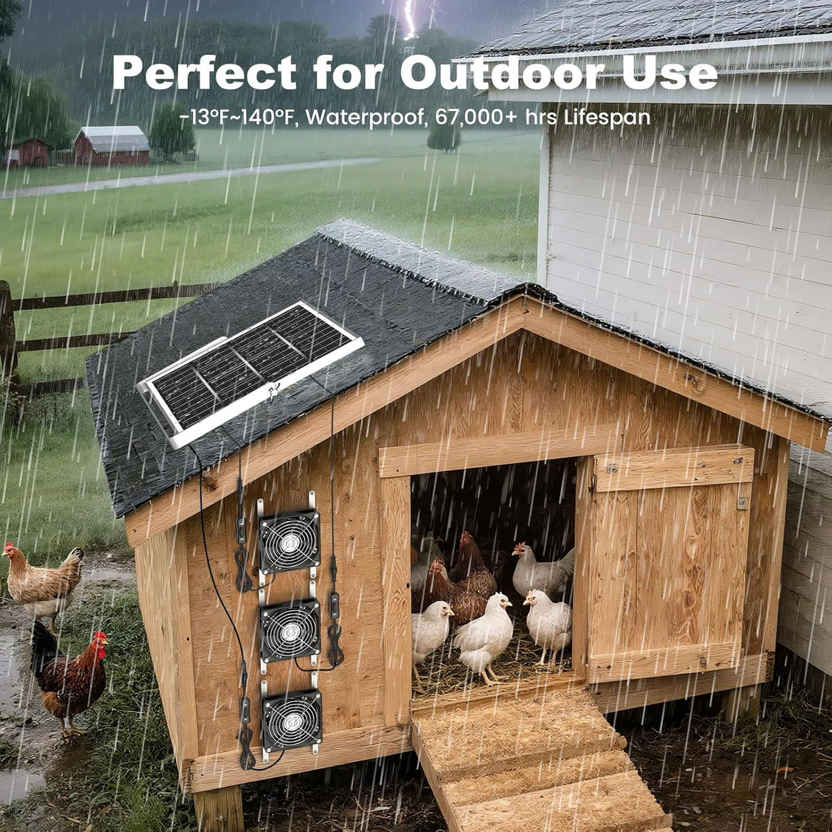 New 5.5" Solar Fan 3 Kit, 35W Solar Powered Exhaust and Intake Greenhouse Fan Outdoor Waterproof, 16.5ft Cord, Strong Airflow, for Chicken Coop Shed Pet House Air Circulation and Ventilation