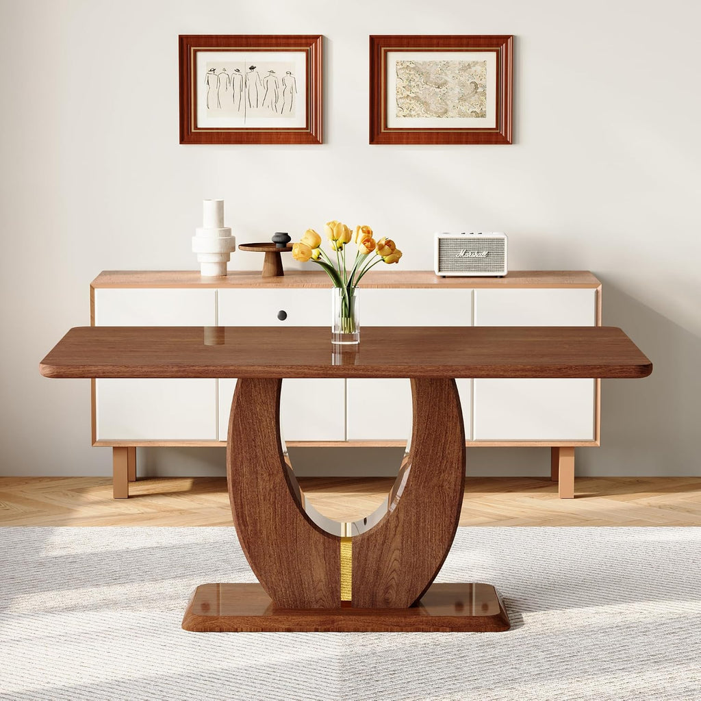 63" Wooden Dining Table for 4-6 People, Modern Farmhouse Kitchen Table with U-Shaped Legs, Rectangular Walnut Wood Dinner Table for Dining Room, Living Room, Home Office