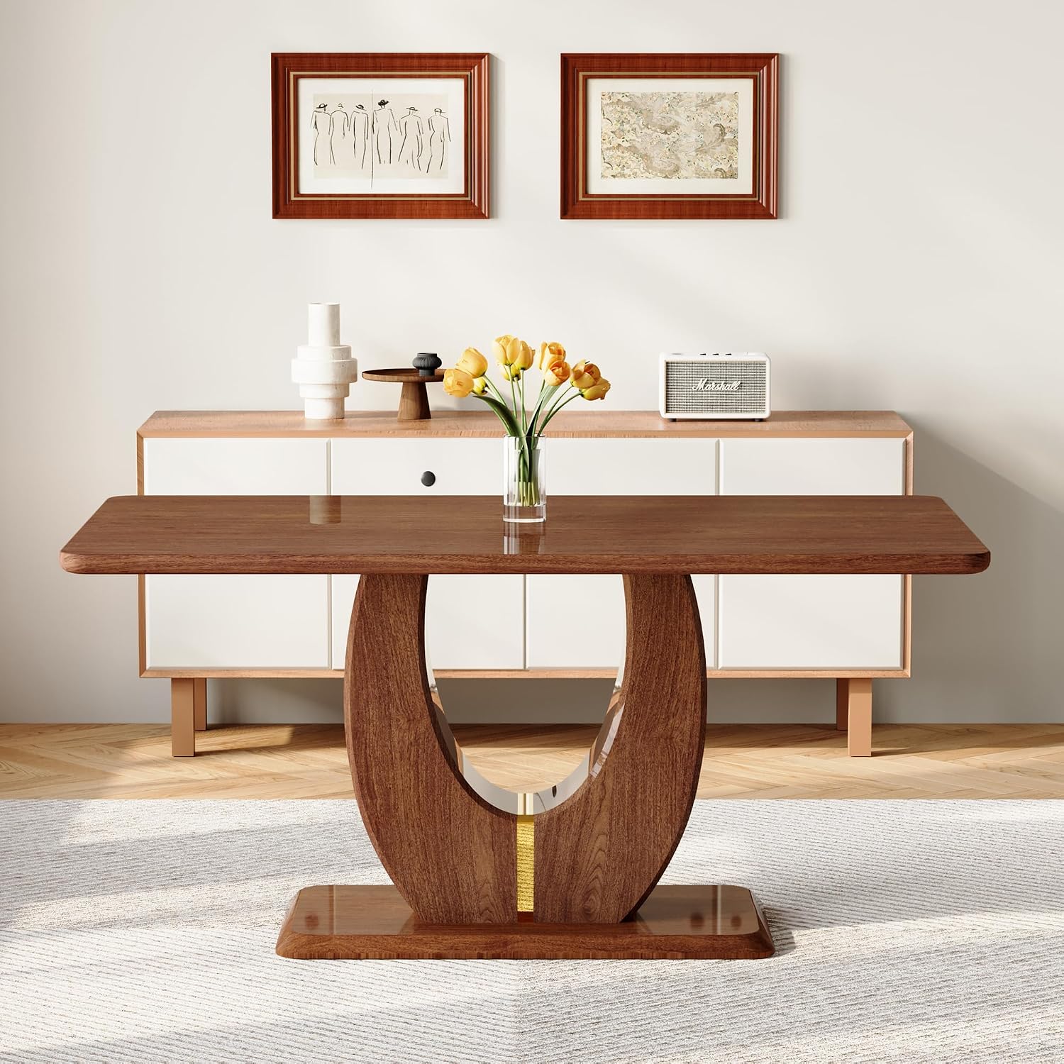 63" Wooden Dining Table for 4-6 People, Modern Farmhouse Kitchen Table with U-Shaped Legs, Rectangular Walnut Wood Dinner Table for Dining Room, Living Room, Home Office
