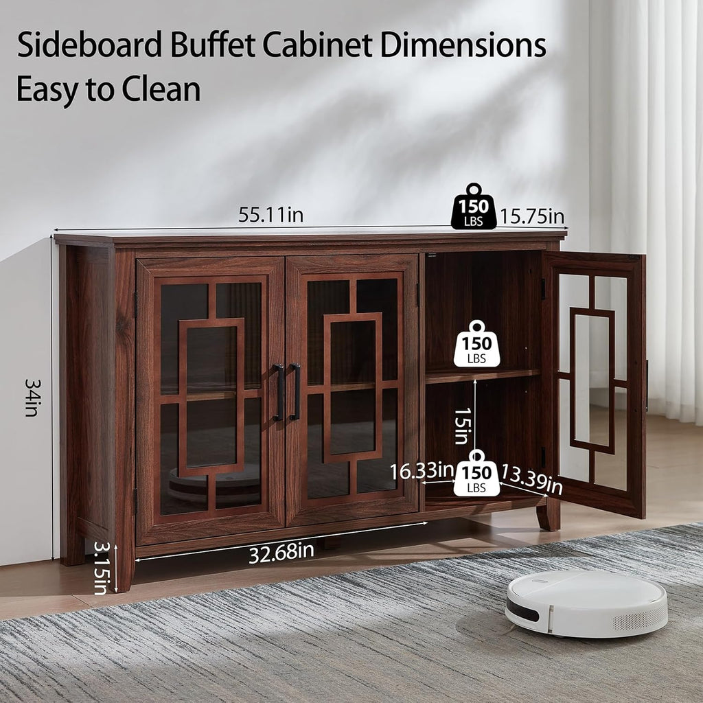 Joaxswe Large Sideboard Buffet Cabinet with Storage, 55" Farmhouse Credenza with 3 Glass Doors, Adjustable Shelves Console Table, Wood Kitchen Coffee Bar for Dining Room, Living Room, Brown
