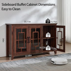 Joaxswe Large Sideboard Buffet Cabinet with Storage, 55" Farmhouse Credenza with 3 Glass Doors, Adjustable Shelves Console Table, Wood Kitchen Coffee Bar for Dining Room, Living Room, Brown