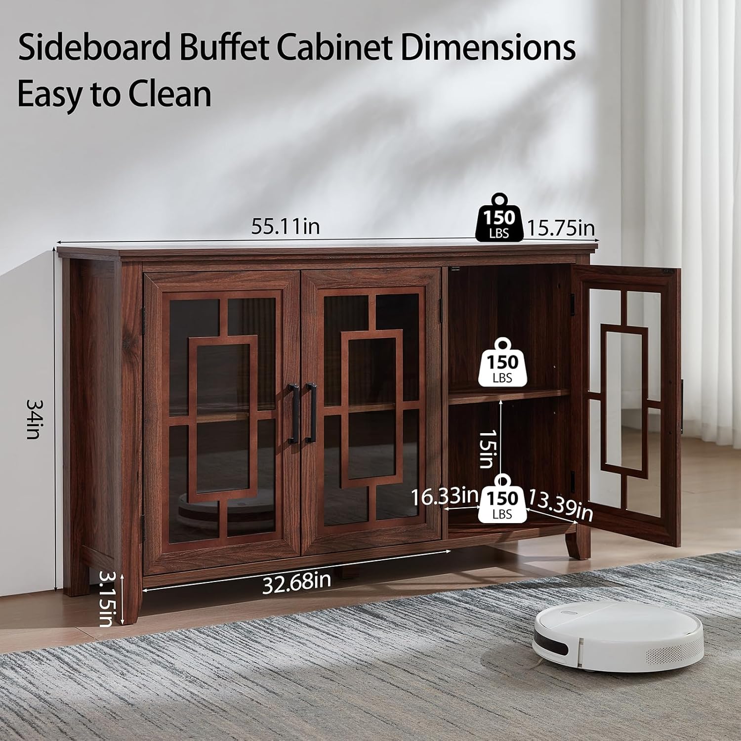 Joaxswe Large Sideboard Buffet Cabinet with Storage, 55" Farmhouse Credenza with 3 Glass Doors, Adjustable Shelves Console Table, Wood Kitchen Coffee Bar for Dining Room, Living Room, Brown