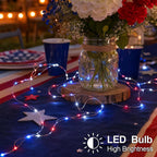 4th of July Patriotic Decorations, Red White Blue Fairy String Lights, Battery Operated with Timer, 2 Pack Total 33FT 100 Led Mini Battery Powered Mason Jar Firefly Lights DIY Party Memorial Day