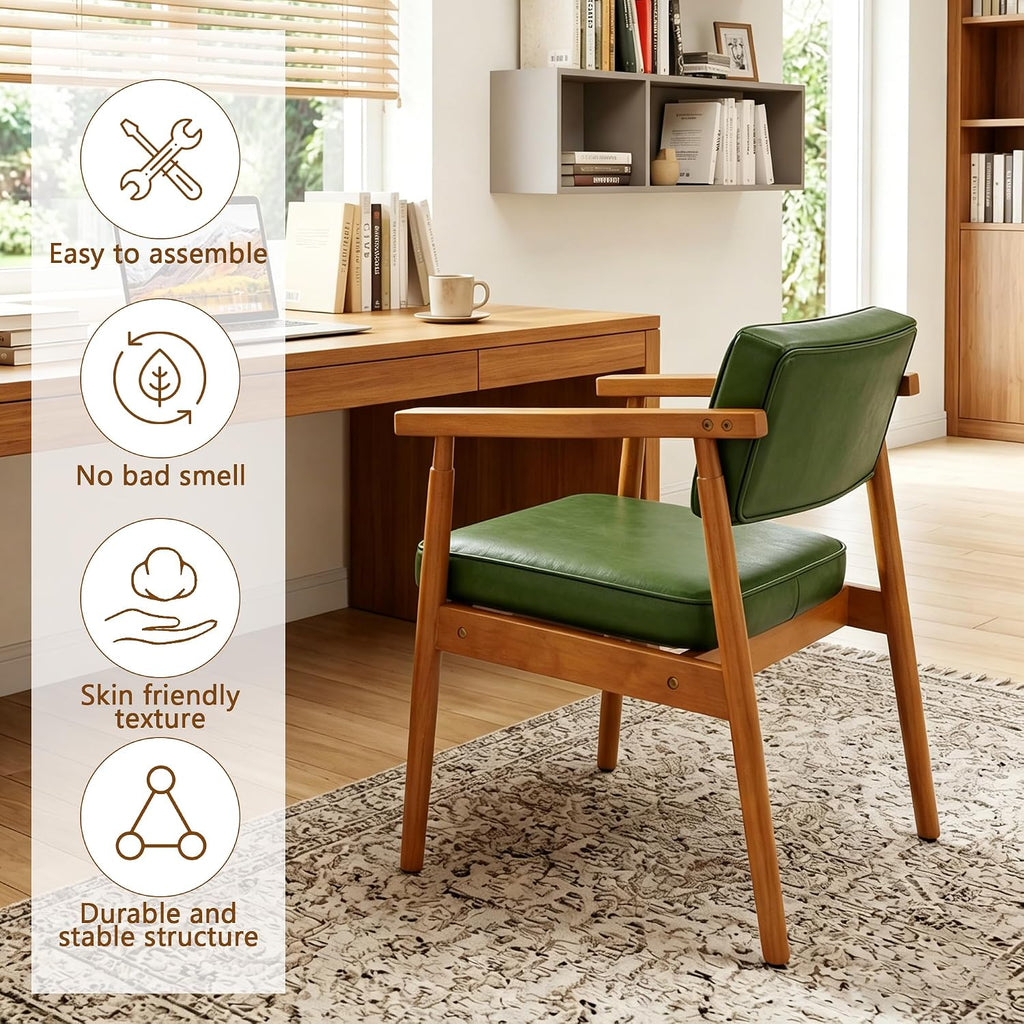 LSSPAID Mid Century Dining Chairs with Wooden Handrail, Pu Upholstered Armchair Comfy Backrest Modern Kitchen Chairs for Bedroom Living Room Dining Room, Green, Set of 1
