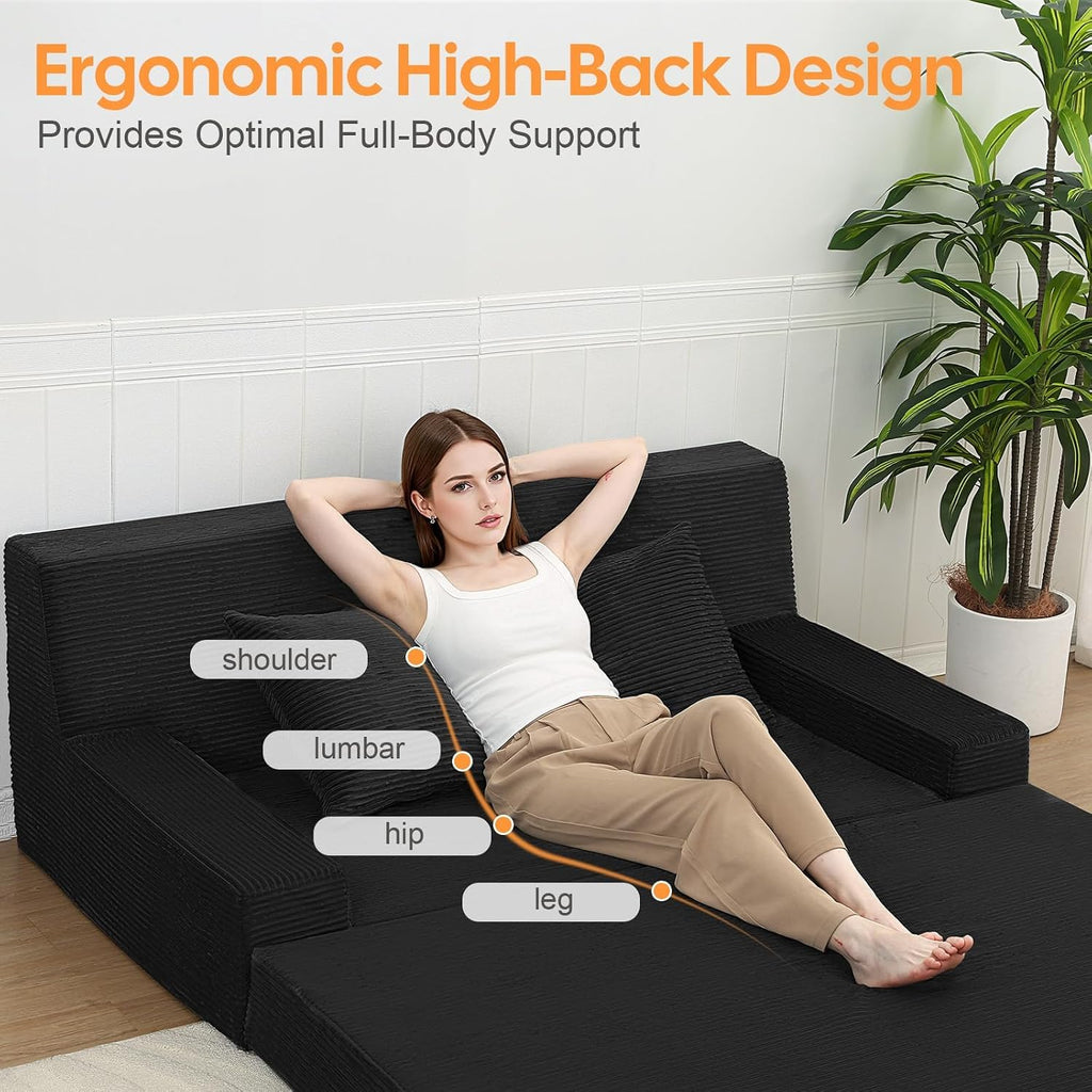 MeMoreCool 59" Couch Bed, Loveseat Futon Sofa, Small Space, Black | 59 in loveseat, opens to a 59 x 71 in bed - 9 in shorter than a queen; corduroy cover, 700 lb