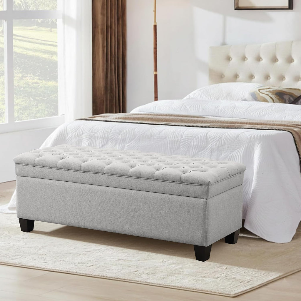 50" Storage Ottoman Bench, Rectangular End of Storage Bench, Upholstered Large Fabric Tufted Ottoman with Storage for Living Room, Bedroom, Entryway,Light Gray